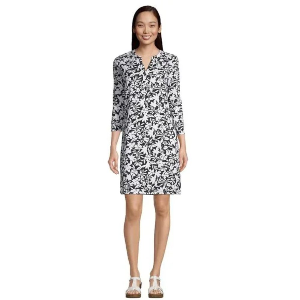 NWT Lands End Womens Black Havana Three Quarter Sleeve Tunic Dress SMALL 6-8